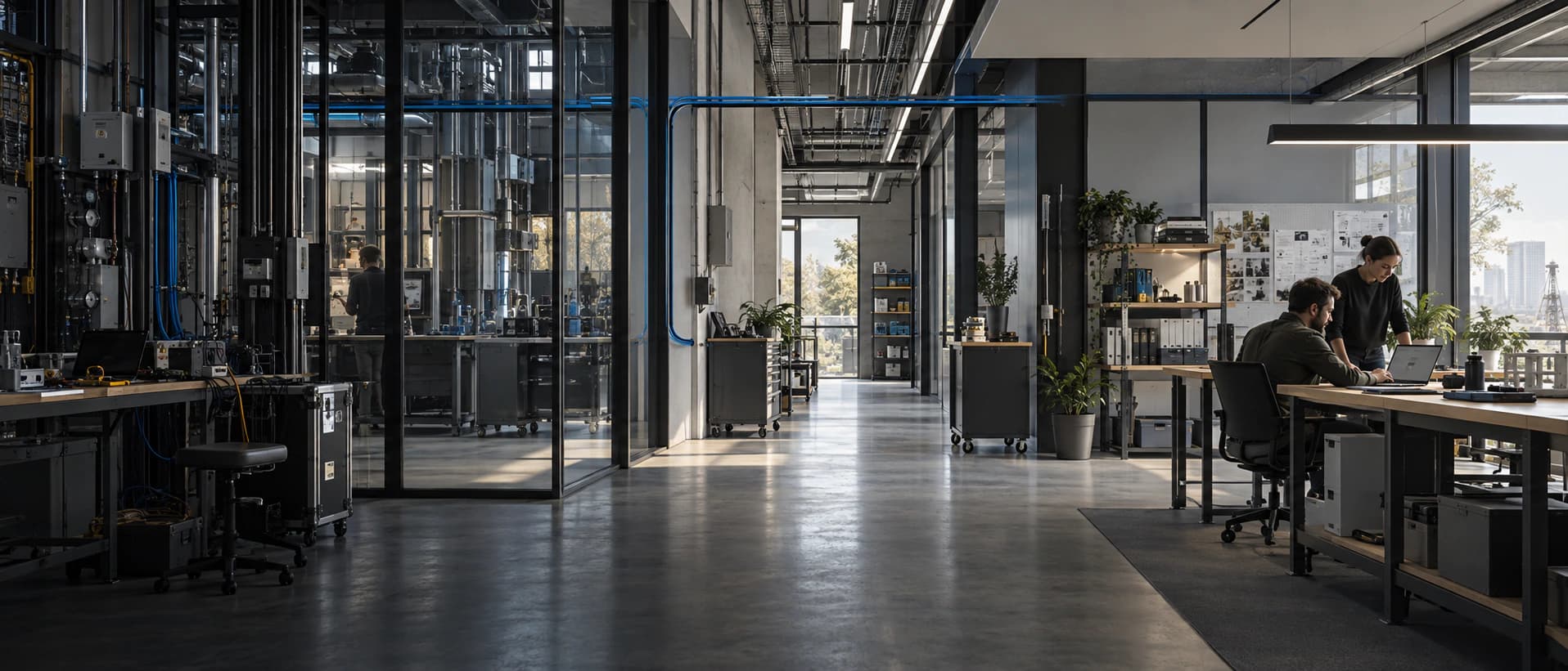 Conceptual technical workspace transitioning from complex equipment to a clear human work area.